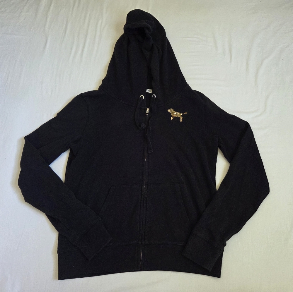 PINK Victoria's Secret Longe Sleeve Zip Up Sequin Hoodie Size Med Black & Gold